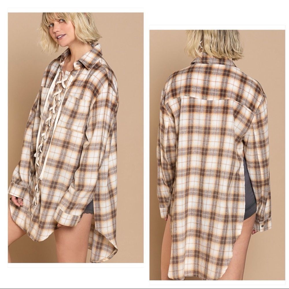 𝅺pol Boho Brown multi Lace Up Front Shirt - Picture 3 of 16